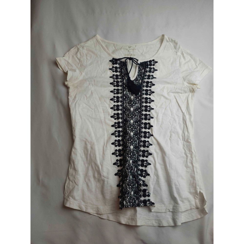 Talbots Blouse Womens Size P White Black Woven Embroidered Split Neck Casual